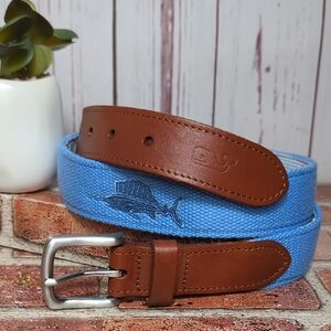 Vineyard Vines Ribbon Belt Fishing Swordfish Marlin Blue Canvas Leather Men's 36